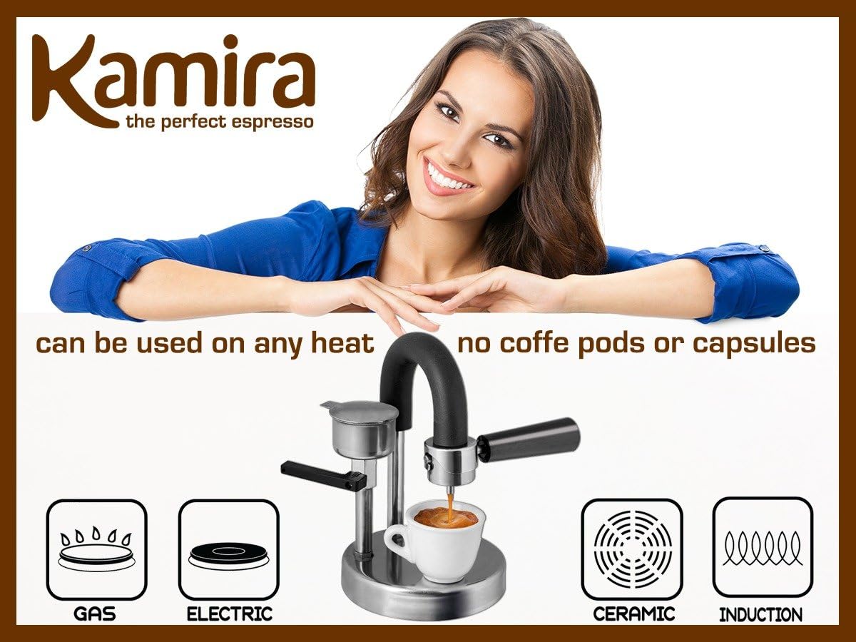 Aparat Portabil KAMIRA, Solutia inteligenta pentru un espresso autentic italian direct de pe aragaz, din Inox, Ideal pentru Acasa, Birou, Calatorii, Camping sau Picnic, Tip Espresso Manual KAMIRA