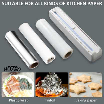 Dispenser HOZRO, pentru Bucătărie – Suport Multifuncțional pentru Folie Alimentară, Aluminiu sau Hârtie de Copt, cu Ventuze, Alb, Compatibil cu Role de Diverse Dimensiuni HOZRO
