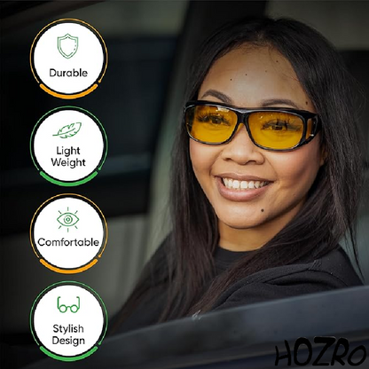 Ochelari de Noapte HOZRO, cu Lentile Galbene – Se Poartă Peste Ochelari de Vedere, Design Wrap Around, Reduc Oboseala Oculară și Strălucirea Farurilor, Ideali pentru Condus HOZRO