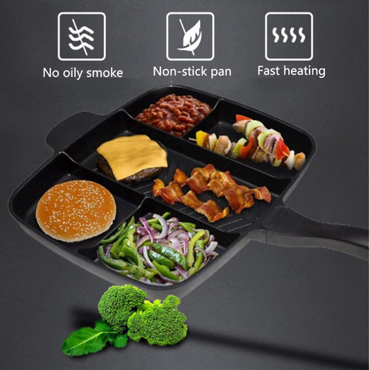 Tigaie Grill HOZRO, cu 4 compartimente, antiaderentă, ideală pentru prepararea rapidă și sănătoasă a cărnii, legumelor sau ouălor, pentru micul dejun și mesele zilnice HOZRO