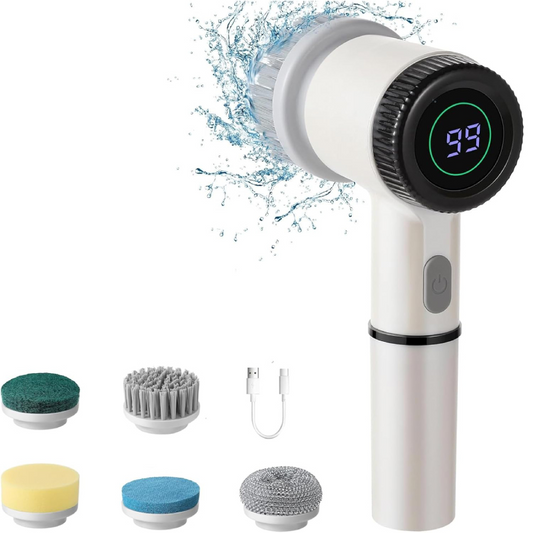 Perie Electrica de Curatare HOZRO, 5 in 1 – Cu Ecran LED, 3 Viteze, Rezistenta la Apa IPX7 si 5 Capete Intersanjabile pentru Baie, Bucatarie, Sticla, Gratar si Terasa, Alb HOZRO