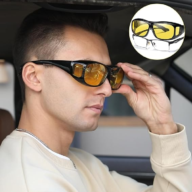 Ochelari de Noapte HOZRO, cu Lentile Galbene – Se Poartă Peste Ochelari de Vedere, Design Wrap Around, Reduc Oboseala Oculară și Strălucirea Farurilor, Ideali pentru Condus HOZRO