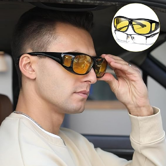 Ochelari de Noapte HOZRO, cu Lentile Galbene – Se Poartă Peste Ochelari de Vedere, Design Wrap Around, Reduc Oboseala Oculară și Strălucirea Farurilor, Ideali pentru Condus HOZRO