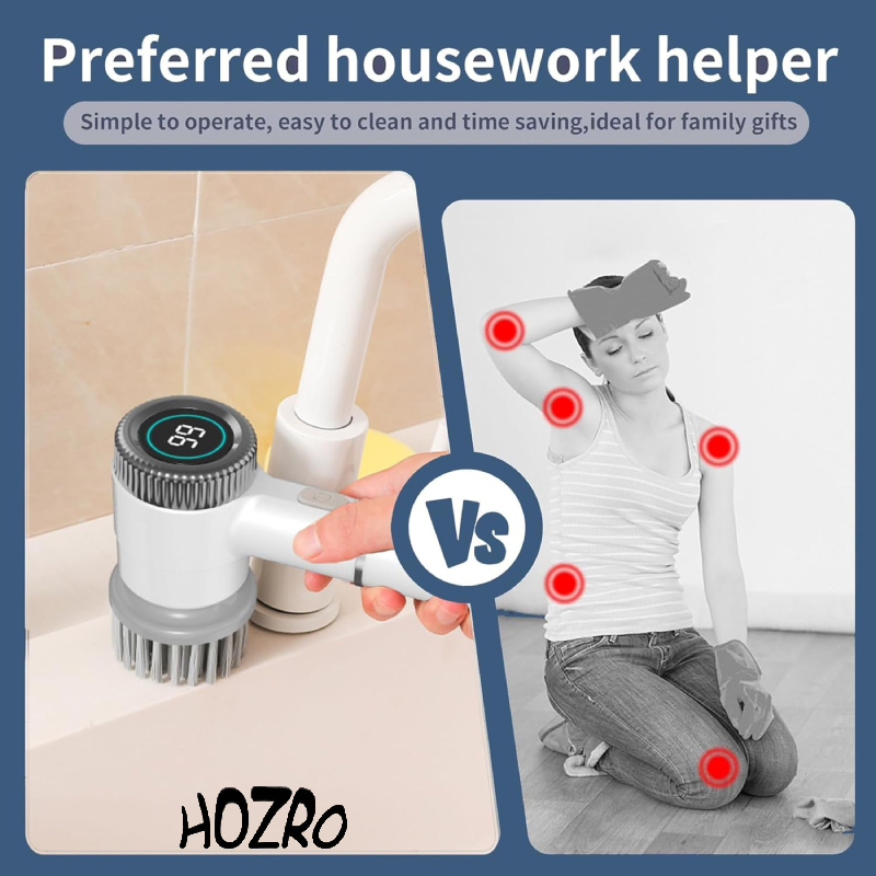 Perie Electrica de Curatare HOZRO, 5 in 1 – Cu Ecran LED, 3 Viteze, Rezistenta la Apa IPX7 si 5 Capete Intersanjabile pentru Baie, Bucatarie, Sticla, Gratar si Terasa, Alb HOZRO