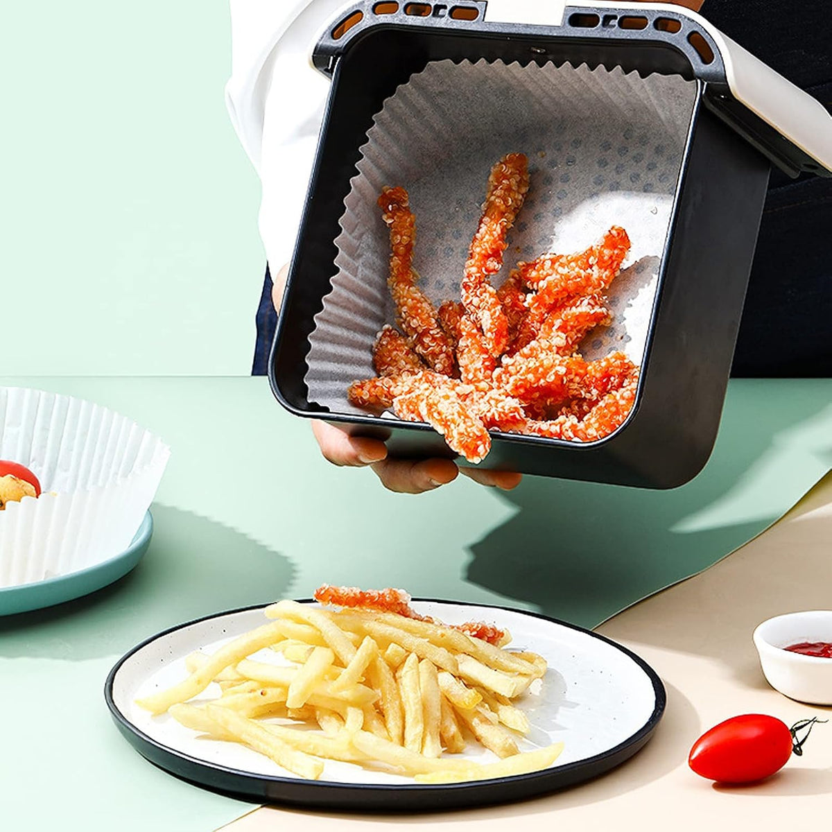 Set 50 bucati hartie de copt, Unica folosinta, Pentru air fryer, Alb, Patrate BESTSELLS