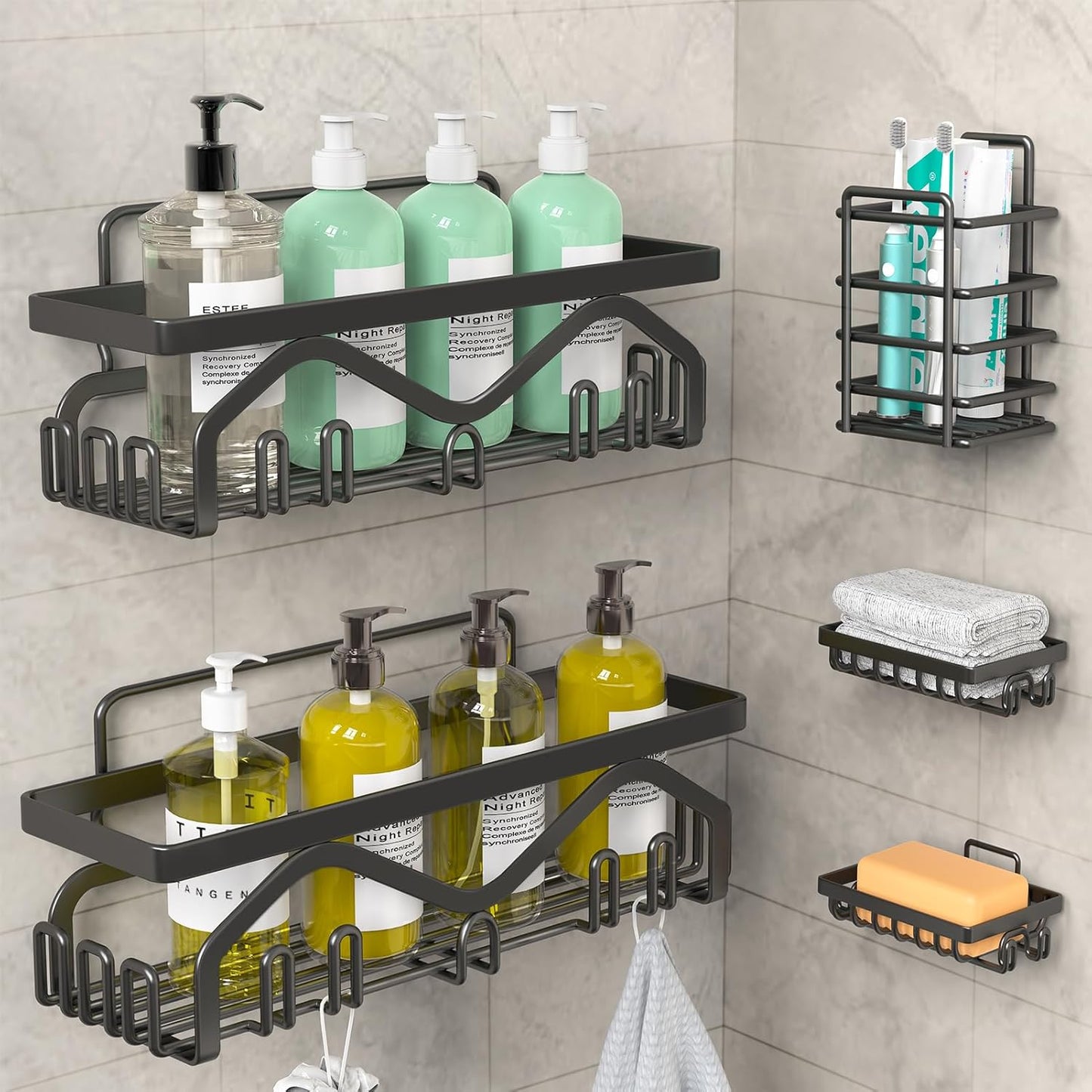 Set de 5 Rafturi Multifunctionale de Dus cu Adeziv Super Puternic, Organizator de Baie sau Bucatarie, Suport de Dus din Otel Inoxidabil cu 7 Carlige, Greutate Maxima Suportata de 18kg Fara Perforare, Grosime 3 mm, Capacitate Mare, 5 Piese, Negru BESTSELLS