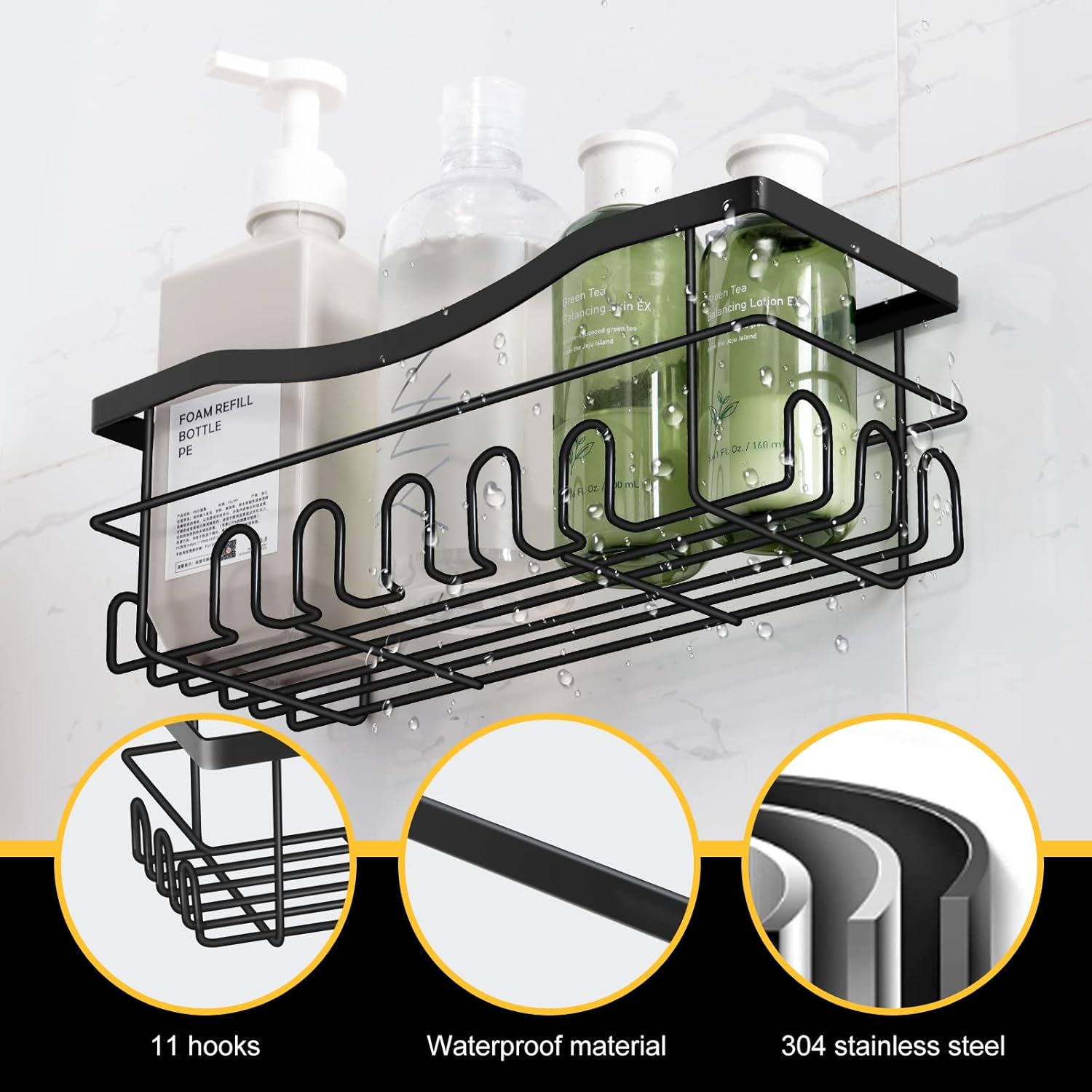 Set de 5 Rafturi Multifunctionale de Dus cu Adeziv Super Puternic, Organizator de Baie sau Bucatarie, Suport de Dus din Otel Inoxidabil cu 7 Carlige, Greutate Maxima Suportata de 18kg Fara Perforare, Grosime 3 mm, Capacitate Mare, 5 Piese, Negru BESTSELLS