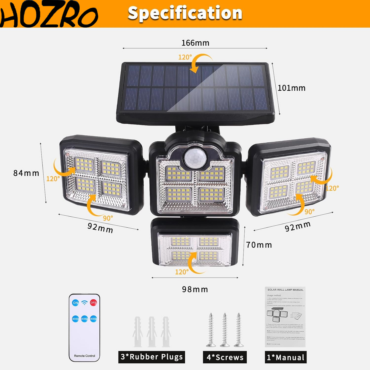 Lampa Solară HOZRO, 38W, 6000LM, 6000K cu Senzor de Mișcare, IP65 Rezistentă la Apă, Control Remote și Panou Solar Integrat pentru Iluminat Exterior – Ideală pentru Curte, Grădină și Casă HOZRO