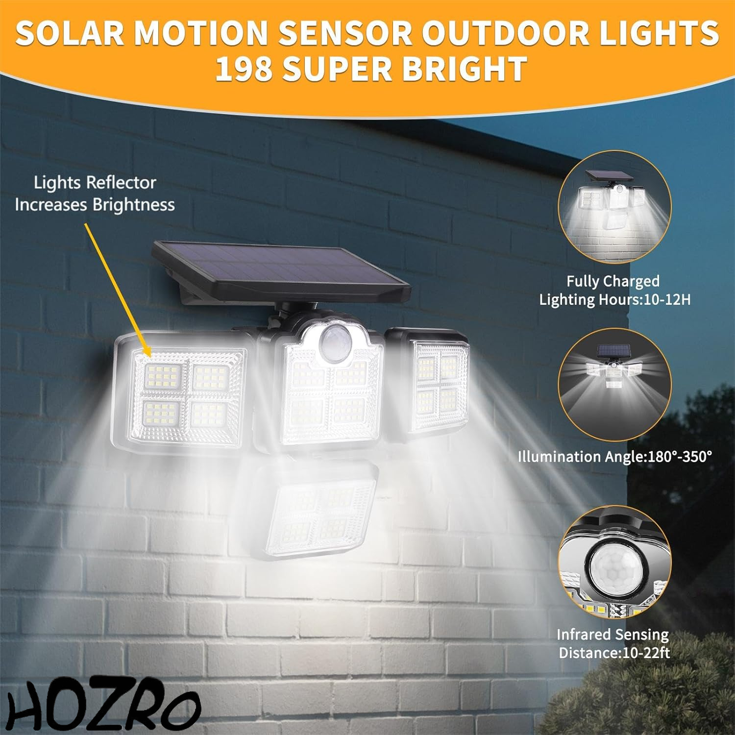 Lampa Solară HOZRO, 38W, 6000LM, 6000K cu Senzor de Mișcare, IP65 Rezistentă la Apă, Control Remote și Panou Solar Integrat pentru Iluminat Exterior – Ideală pentru Curte, Grădină și Casă HOZRO