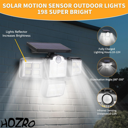 Lampa Solară HOZRO, 38W, 6000LM, 6000K cu Senzor de Mișcare, IP65 Rezistentă la Apă, Control Remote și Panou Solar Integrat pentru Iluminat Exterior – Ideală pentru Curte, Grădină și Casă HOZRO