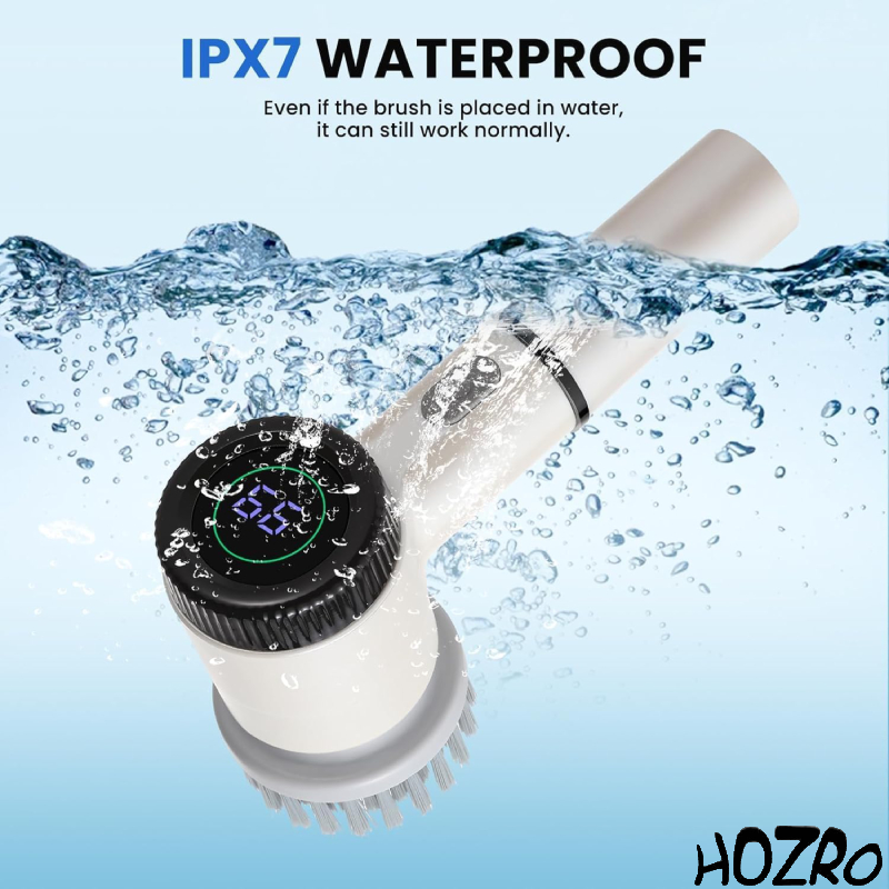 Perie Electrica de Curatare HOZRO, 5 in 1 – Cu Ecran LED, 3 Viteze, Rezistenta la Apa IPX7 si 5 Capete Intersanjabile pentru Baie, Bucatarie, Sticla, Gratar si Terasa, Alb HOZRO