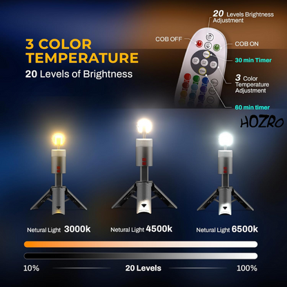 Lanterna Telescopica HOZRO, cu Trepied, LED RGB 15 Culori, 1800 Lumeni, Baterie 10000mAh Power Bank, Reincarcabila, Rezistenta la Apa – Ideala pentru Camping, Drumetii, Gradina si Situatii de Urgenta HOZRO