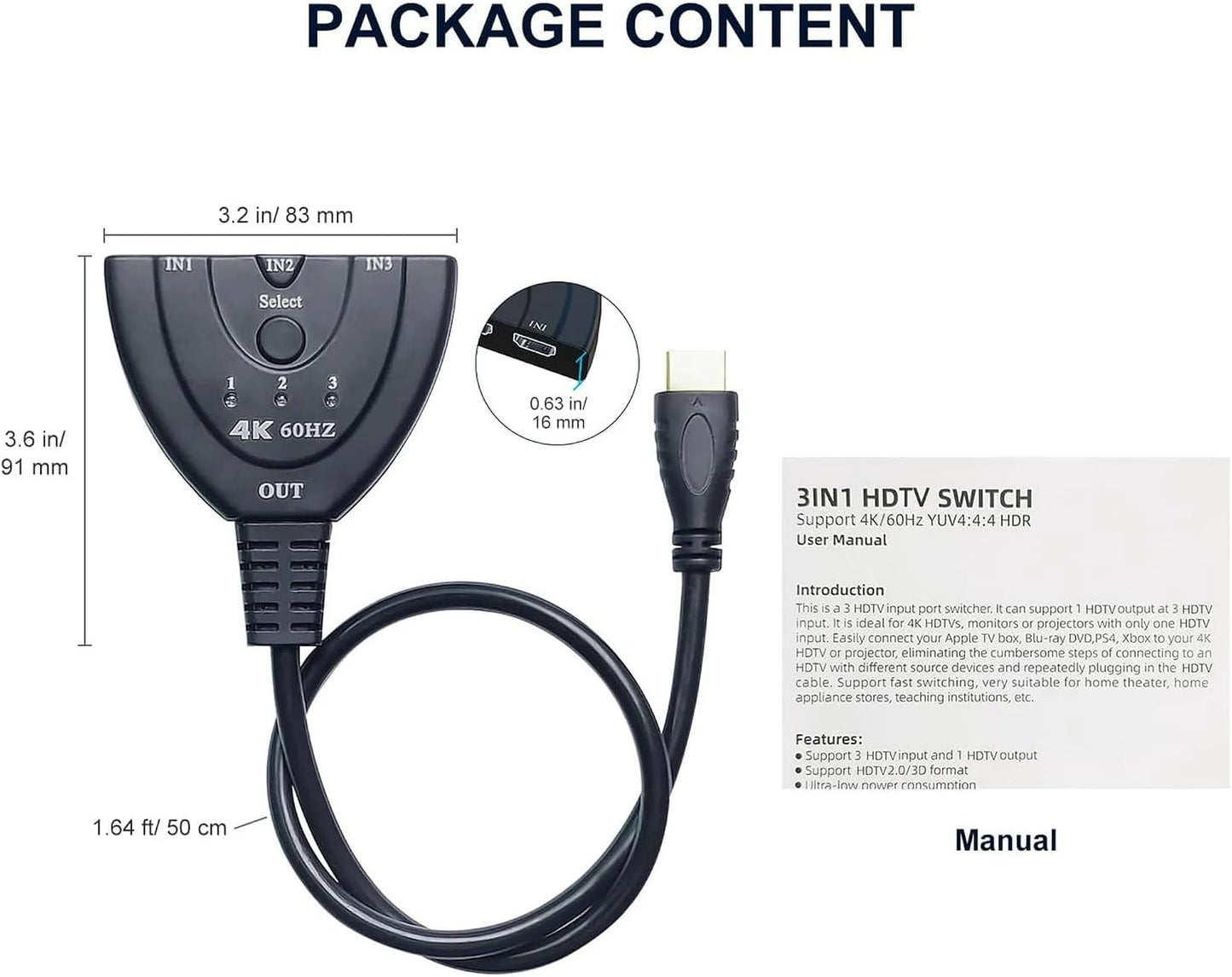 Splitter HDMI, 4K, 3 intrari, 1 iesire cu cablu 50cm BESTSELLS
