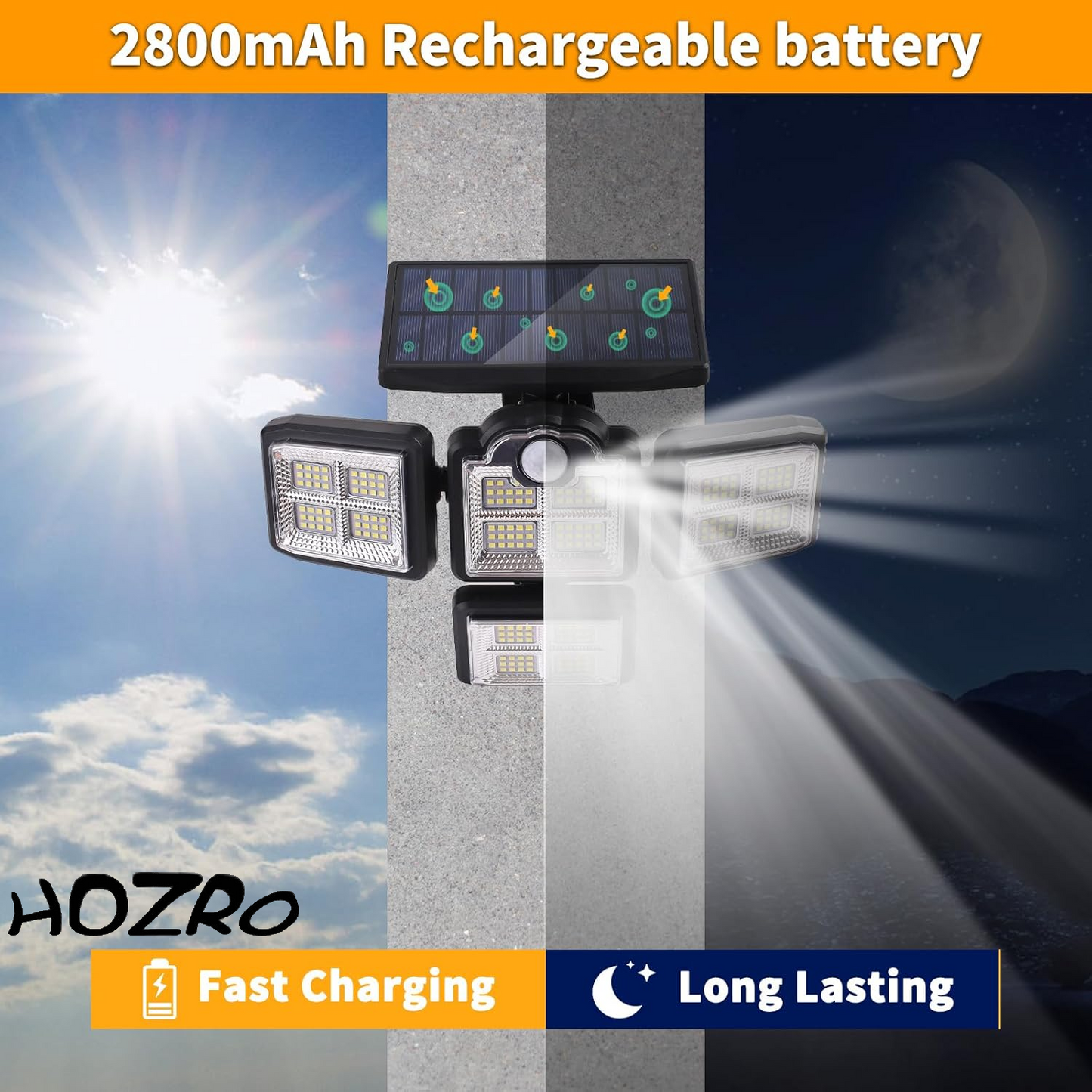 Lampa Solară HOZRO, 38W, 6000LM, 6000K cu Senzor de Mișcare, IP65 Rezistentă la Apă, Control Remote și Panou Solar Integrat pentru Iluminat Exterior – Ideală pentru Curte, Grădină și Casă HOZRO