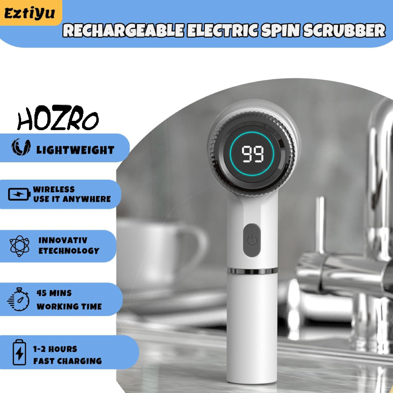 Perie Electrica de Curatare HOZRO, 5 in 1 – Cu Ecran LED, 3 Viteze, Rezistenta la Apa IPX7 si 5 Capete Intersanjabile pentru Baie, Bucatarie, Sticla, Gratar si Terasa, Alb HOZRO