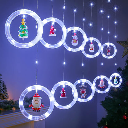 🎄 Instalatie Tip Perdea Cercuri cu Figurine HOZRO, 3 M, 10 Inele Suspendate de Craciun cu Figurine Festive 3D si LED cu Lumina Alb Cald/Rece✨ HOZRO