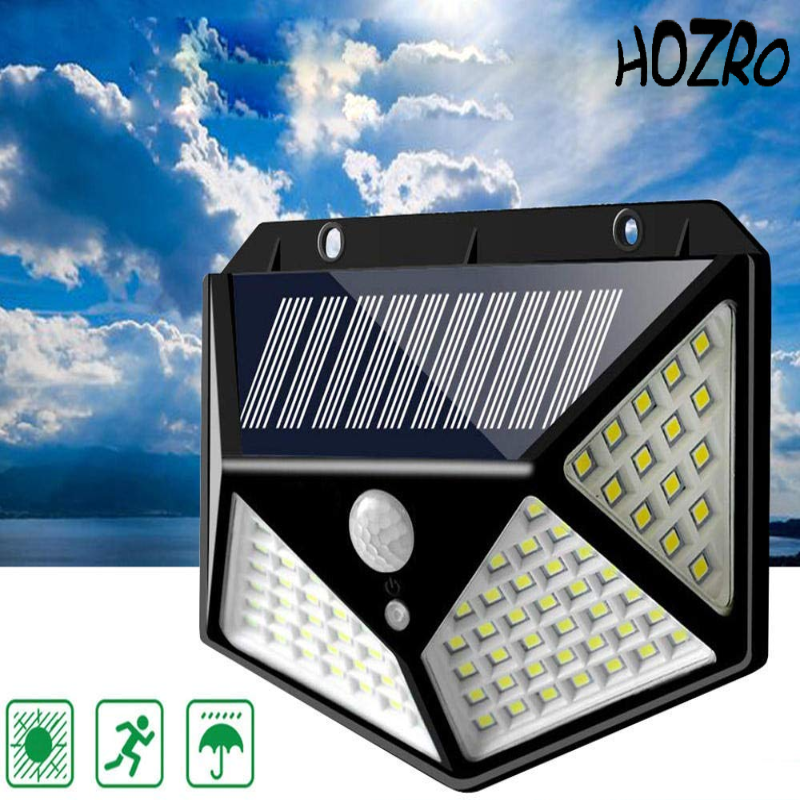Lampa Solara HOZRO, SH 100, 100 LED-uri, Iluminare de 1000 Lumen, Senzor de Miscare si Lumina, Baterie Reincarcabila 2200mAh, Design Modern, Negru HOZRO