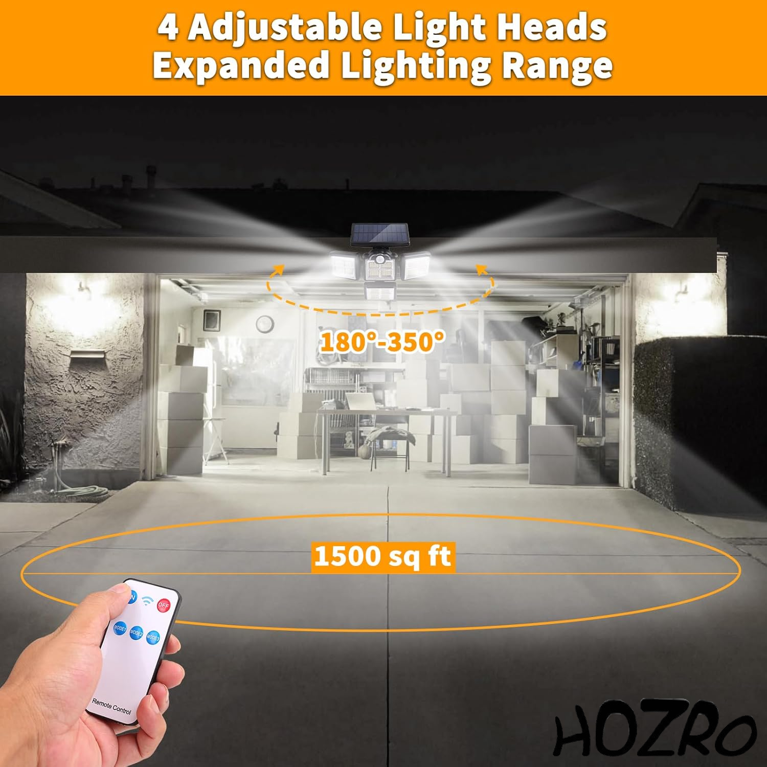 Lampa Solară HOZRO, 38W, 6000LM, 6000K cu Senzor de Mișcare, IP65 Rezistentă la Apă, Control Remote și Panou Solar Integrat pentru Iluminat Exterior – Ideală pentru Curte, Grădină și Casă HOZRO