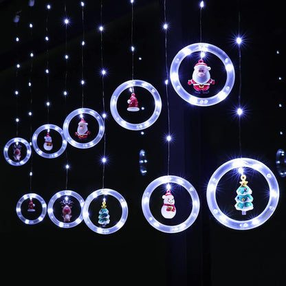 🎄 Instalatie Tip Perdea Cercuri cu Figurine HOZRO, 3 M, 10 Inele Suspendate de Craciun cu Figurine Festive 3D si LED cu Lumina Alb Cald/Rece✨ HOZRO