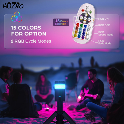 Lanterna Telescopica HOZRO, cu Trepied, LED RGB 15 Culori, 1800 Lumeni, Baterie 10000mAh Power Bank, Reincarcabila, Rezistenta la Apa – Ideala pentru Camping, Drumetii, Gradina si Situatii de Urgenta HOZRO