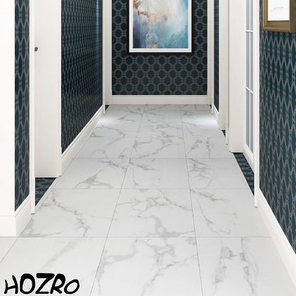 Set 10 x Placi PVC Autoadezive HOZRO, Pentru Podea, Stil Marmura, Grosime 1.4 mm, Culoare Alb si Gri, Acopera 2.02 mp, Model ALM 2-1 – Rezistente si Usor de Montat HOZRO