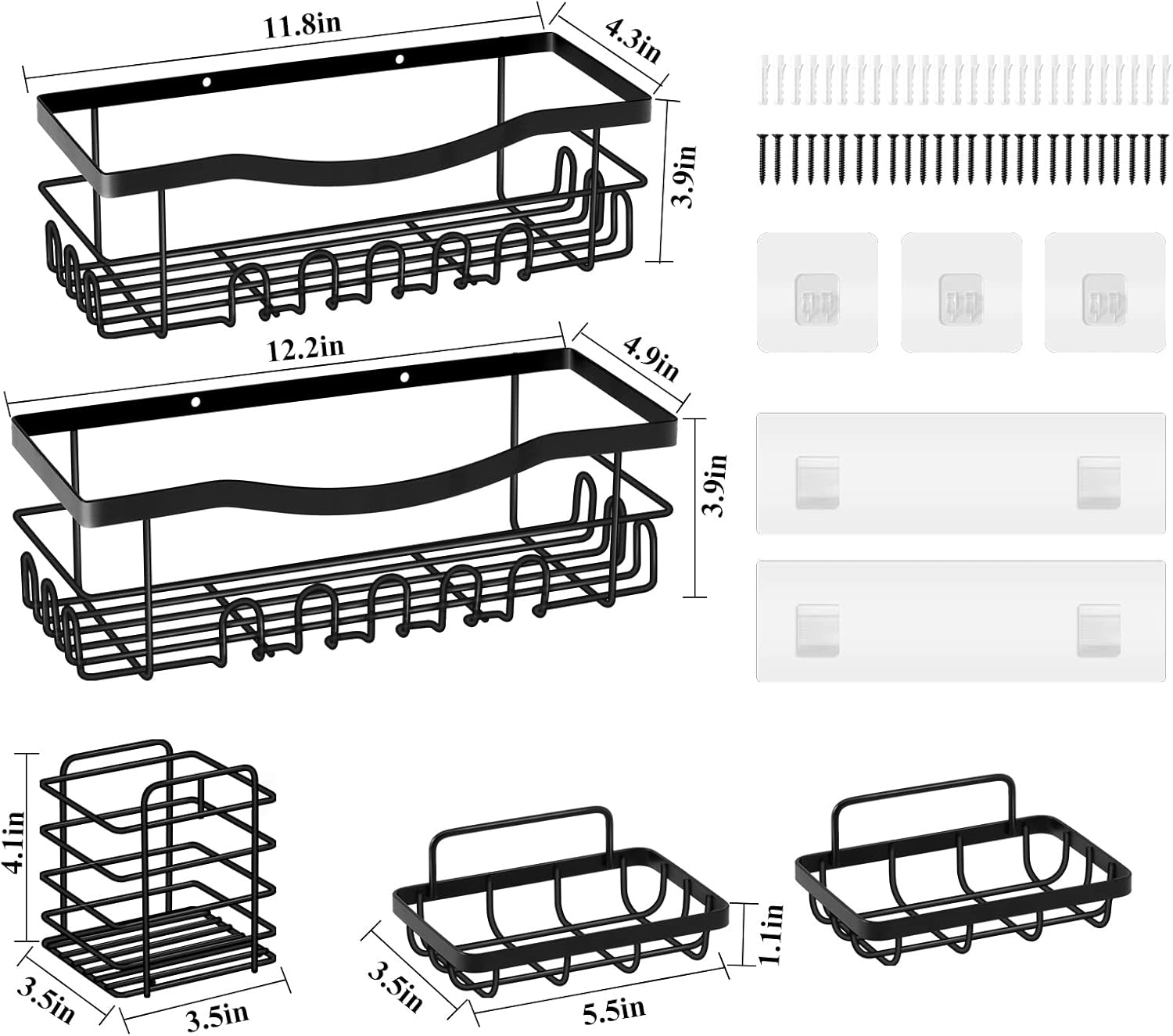 Set de 5 Rafturi Multifunctionale de Dus cu Adeziv Super Puternic, Organizator de Baie sau Bucatarie, Suport de Dus din Otel Inoxidabil cu 7 Carlige, Greutate Maxima Suportata de 18kg Fara Perforare, Grosime 3 mm, Capacitate Mare, 5 Piese, Negru BESTSELLS