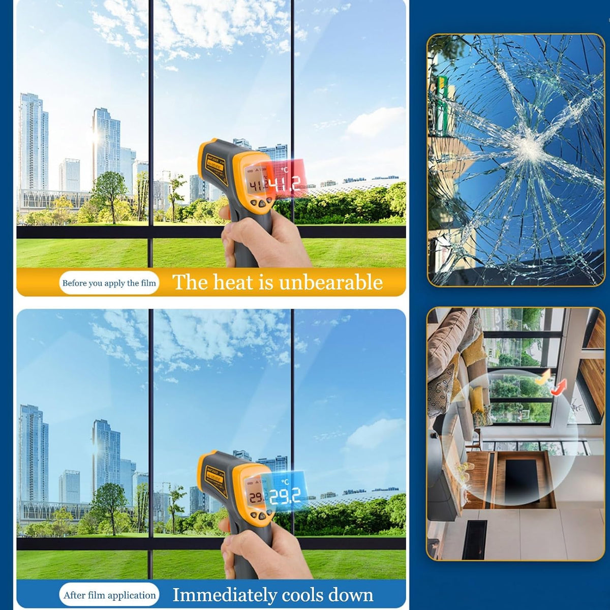 Folie pentru geamuri cu efect de oglindă, albastră, protecție solară și UV, 60 × 200 cm BESTSELLS