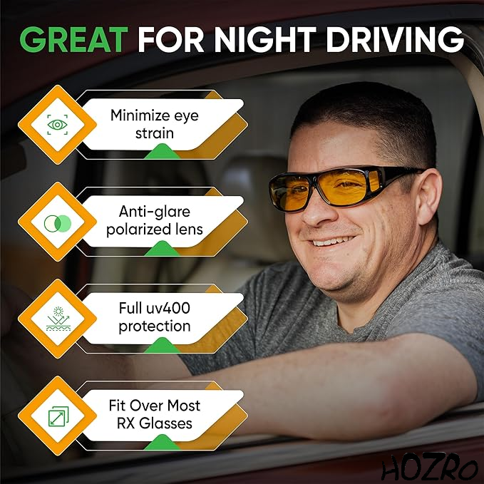 Ochelari de Noapte HOZRO, cu Lentile Galbene – Se Poartă Peste Ochelari de Vedere, Design Wrap Around, Reduc Oboseala Oculară și Strălucirea Farurilor, Ideali pentru Condus HOZRO