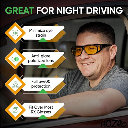 Ochelari de Noapte HOZRO, cu Lentile Galbene – Se Poartă Peste Ochelari de Vedere, Design Wrap Around, Reduc Oboseala Oculară și Strălucirea Farurilor, Ideali pentru Condus HOZRO