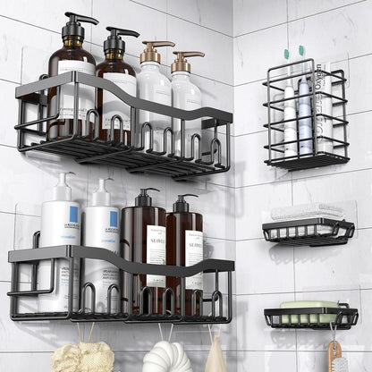 Set de 5 Rafturi Multifunctionale de Dus cu Adeziv Super Puternic, Organizator de Baie sau Bucatarie, Suport de Dus din Otel Inoxidabil cu 7 Carlige, Greutate Maxima Suportata de 18kg Fara Perforare, Grosime 3 mm, Capacitate Mare, 5 Piese, Negru BESTSELLS