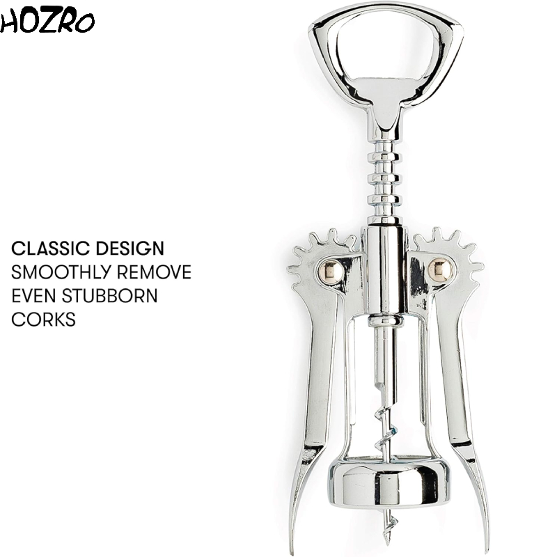 Tirbușon Profesional Manual HOZRO, din Inox – Deschizător de Sticle de Vin Compatibil cu Dopuri din Plută sau Cauciuc, Design Elegant și Rezistent, Culoare Gri HOZRO