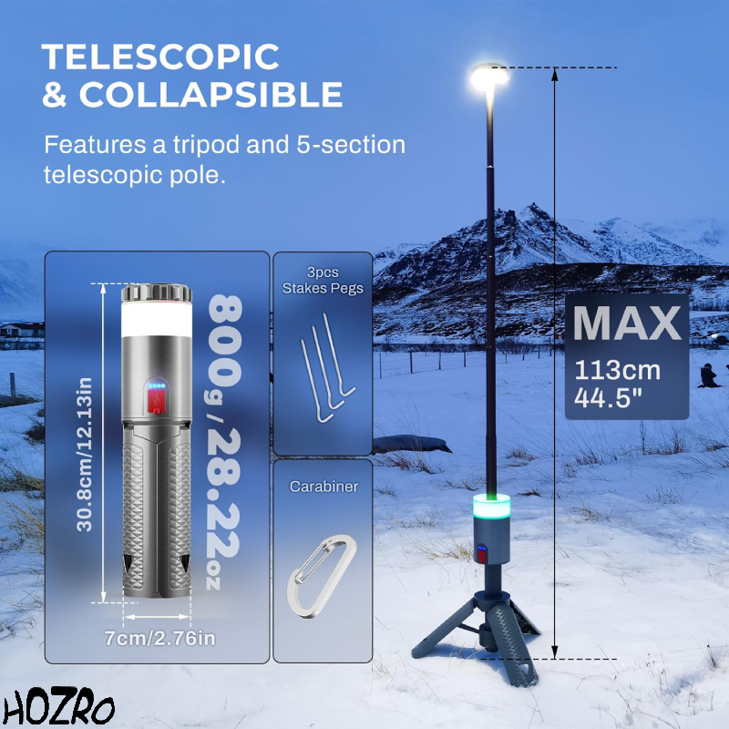 Lanterna Telescopica HOZRO, cu Trepied, LED RGB 15 Culori, 1800 Lumeni, Baterie 10000mAh Power Bank, Reincarcabila, Rezistenta la Apa – Ideala pentru Camping, Drumetii, Gradina si Situatii de Urgenta HOZRO