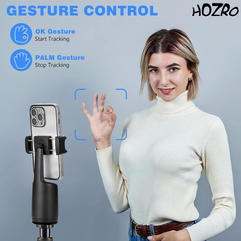 Suport Smart HOZRO, pentru Telefon cu Rotire Automata 360°– Trepied cu Functie de Tracking Facial si Corporal, Control prin Gesturi, Fara Aplicatie, cu Telecomanda si Functie Selfie Stick, Ideal pentru Vlogging, TikTok, Filmari si Streaming HOZRO