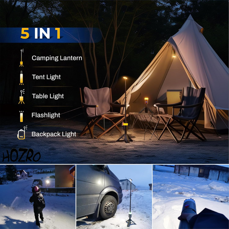 Lanterna Telescopica HOZRO, cu Trepied, LED RGB 15 Culori, 1800 Lumeni, Baterie 10000mAh Power Bank, Reincarcabila, Rezistenta la Apa – Ideala pentru Camping, Drumetii, Gradina si Situatii de Urgenta HOZRO