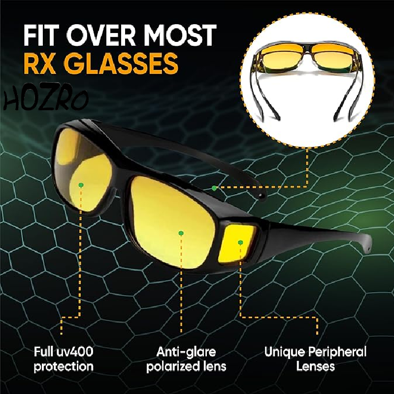 Ochelari de Noapte HOZRO, cu Lentile Galbene – Se Poartă Peste Ochelari de Vedere, Design Wrap Around, Reduc Oboseala Oculară și Strălucirea Farurilor, Ideali pentru Condus HOZRO