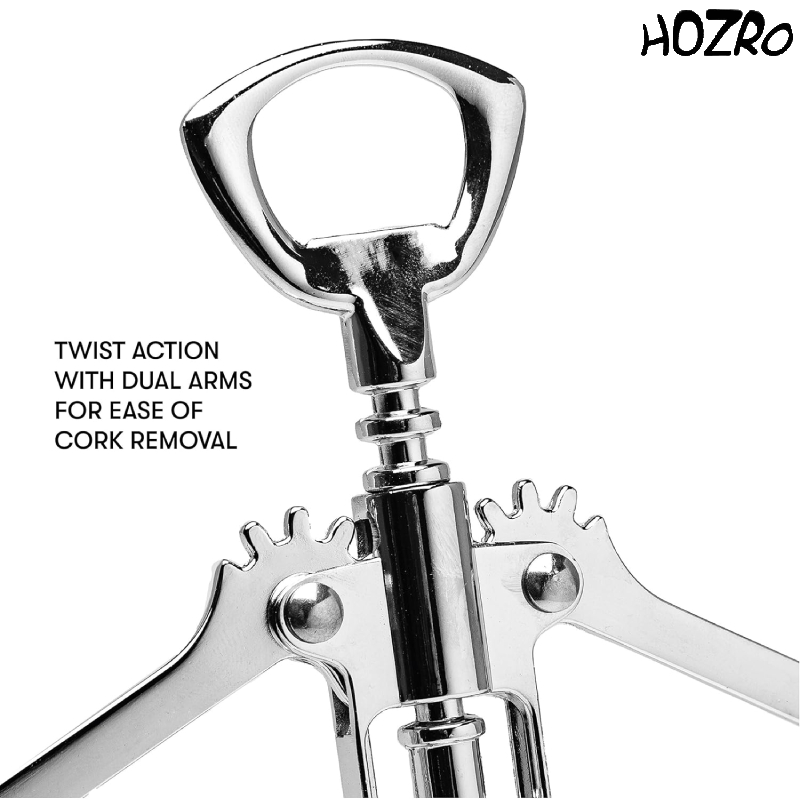 Tirbușon Profesional Manual HOZRO, din Inox – Deschizător de Sticle de Vin Compatibil cu Dopuri din Plută sau Cauciuc, Design Elegant și Rezistent, Culoare Gri HOZRO