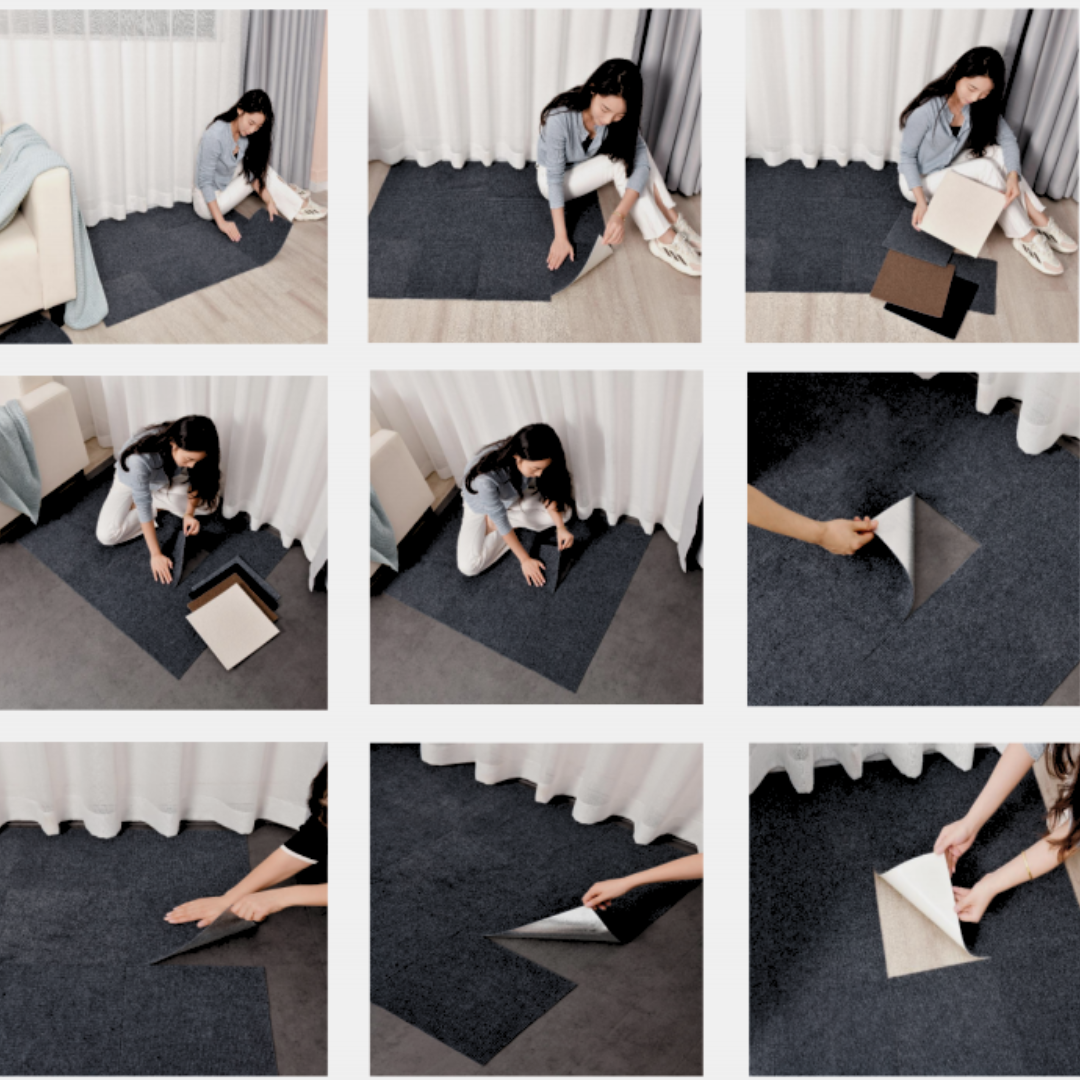 Placi adezive tip mocheta HOZRO, 60X60 cm, usor de instalat, material textil, antiderapante, usor de curatat, model NEGRU 602-21 BESTSELLS