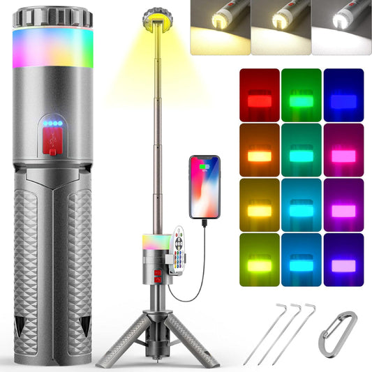 Lanterna Telescopica HOZRO, cu Trepied, LED RGB 15 Culori, 1800 Lumeni, Baterie 10000mAh Power Bank, Reincarcabila, Rezistenta la Apa – Ideala pentru Camping, Drumetii, Gradina si Situatii de Urgenta HOZRO