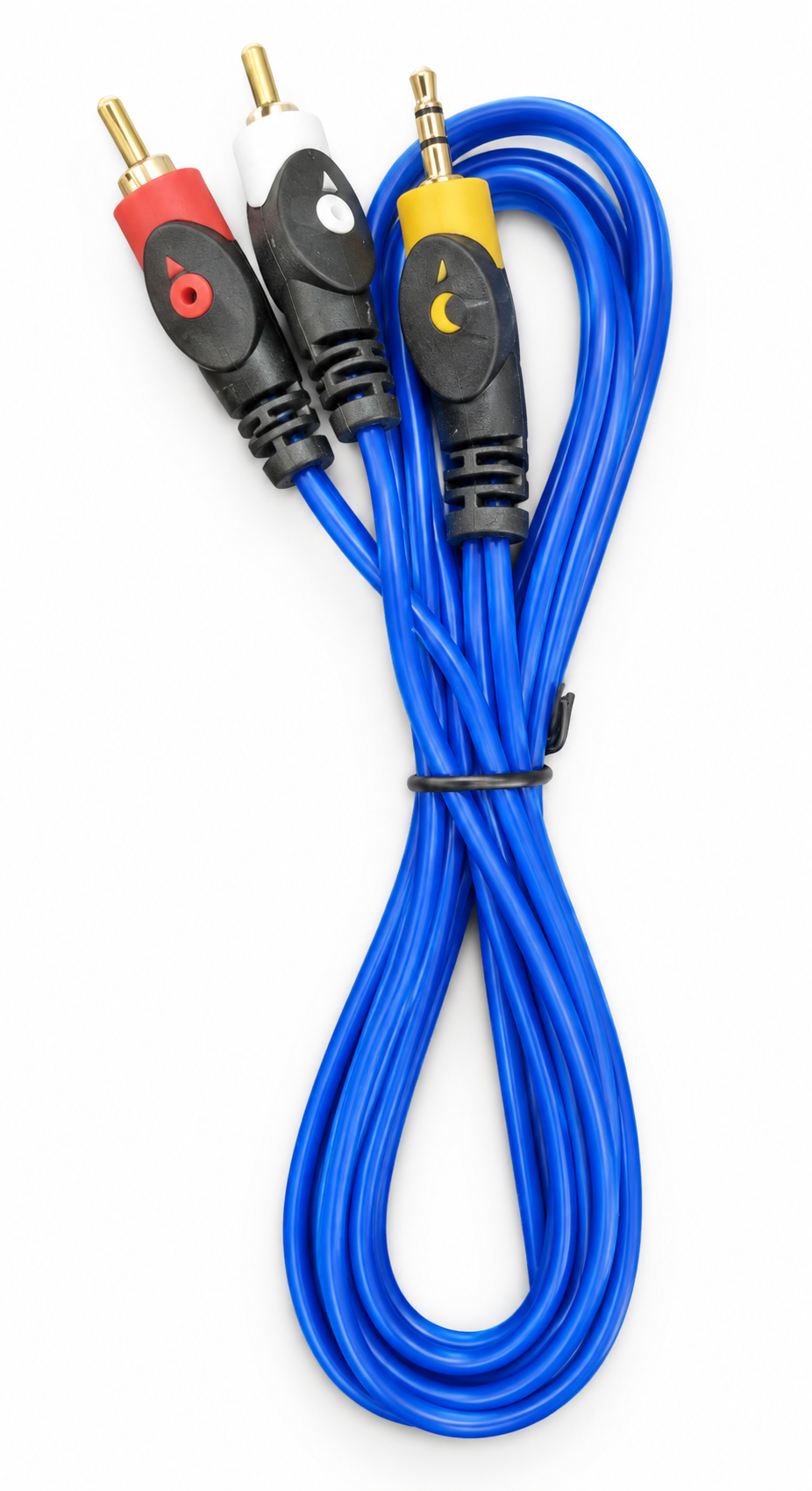 Cablu audio albastru cu doi conectori RCA și un conector Jack stereo