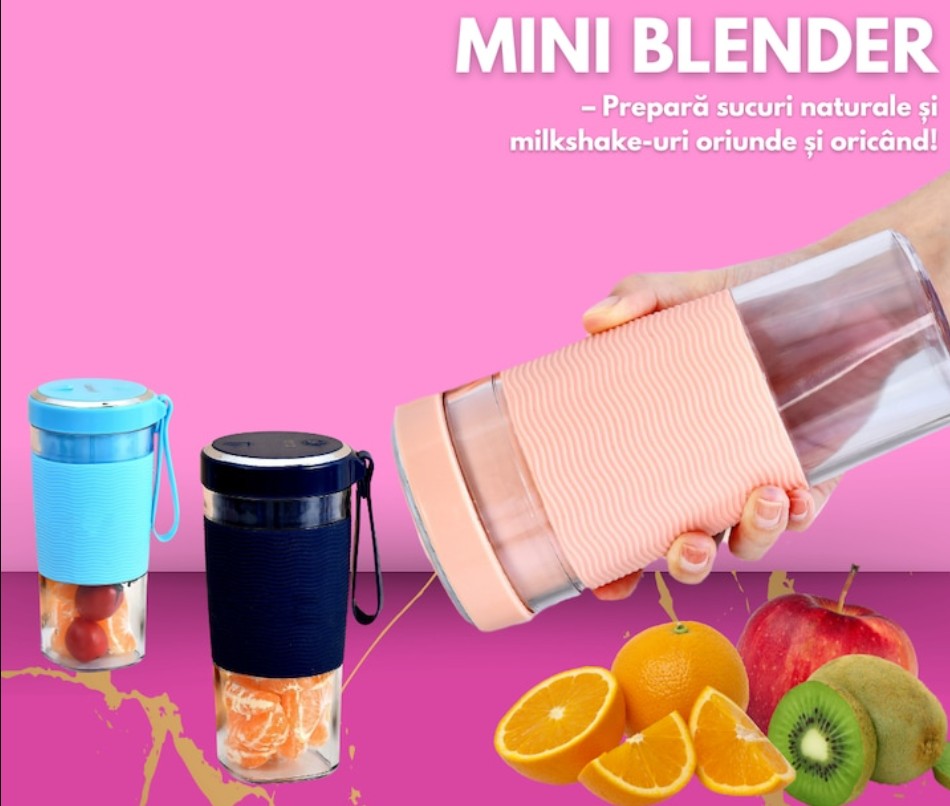 Mini Blender Portabil HOZRO, Electric, pentru Smoothie, Shake, Fructe și Legume, Capacitate 450ml, Motor Puternic 12000 RPM, 2 Lame din Oțel Inoxidabil, Acumulator Reîncărcabil prin USB, Material BPA-Free HOZRO