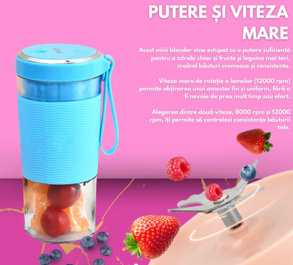 Mini Blender Portabil HOZRO, Electric, pentru Smoothie, Shake, Fructe și Legume, Capacitate 450ml, Motor Puternic 12000 RPM, 2 Lame din Oțel Inoxidabil, Acumulator Reîncărcabil prin USB, Material BPA-Free HOZRO