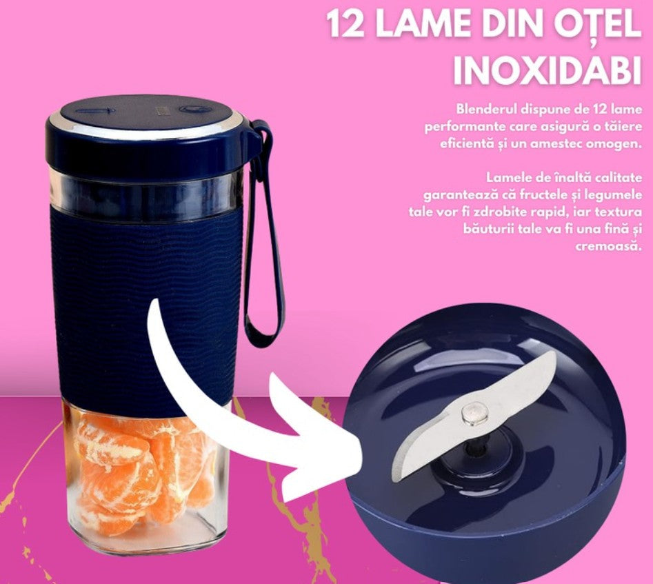 Mini Blender Portabil HOZRO, Electric, pentru Smoothie, Shake, Fructe și Legume, Capacitate 450ml, Motor Puternic 12000 RPM, 2 Lame din Oțel Inoxidabil, Acumulator Reîncărcabil prin USB, Material BPA-Free HOZRO
