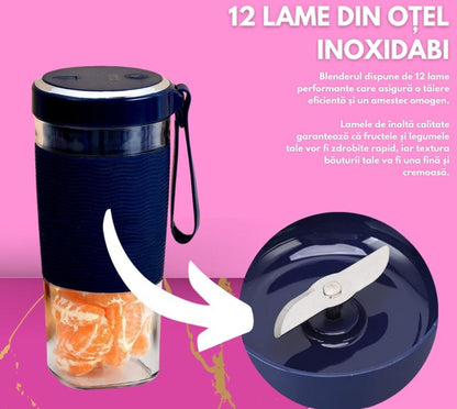 Mini Blender Portabil HOZRO, Electric, pentru Smoothie, Shake, Fructe și Legume, Capacitate 450ml, Motor Puternic 12000 RPM, 2 Lame din Oțel Inoxidabil, Acumulator Reîncărcabil prin USB, Material BPA-Free HOZRO