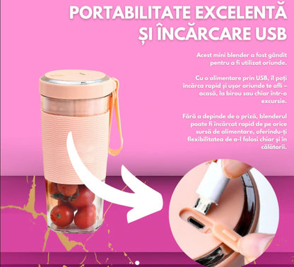 Mini Blender Portabil HOZRO, Electric, pentru Smoothie, Shake, Fructe și Legume, Capacitate 450ml, Motor Puternic 12000 RPM, 2 Lame din Oțel Inoxidabil, Acumulator Reîncărcabil prin USB, Material BPA-Free HOZRO