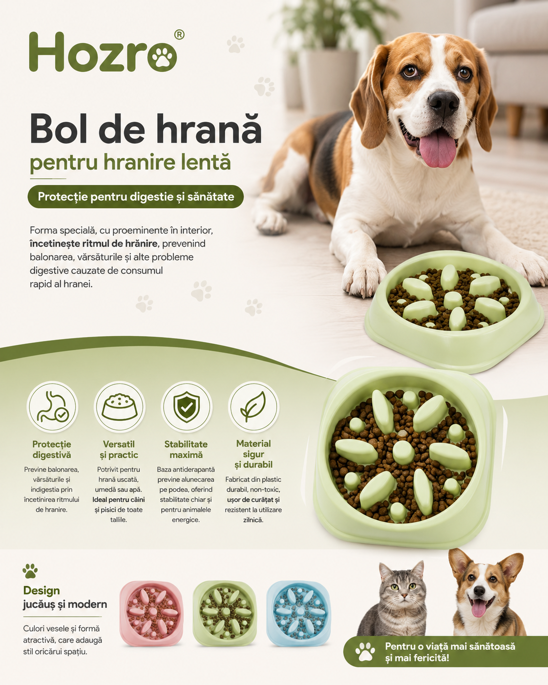 Bol de hranire lenta Hozro, pentru caini si pisici, antialunecare, plastic non-toxic, 20x20 cm, diverse culori BESTSELLS