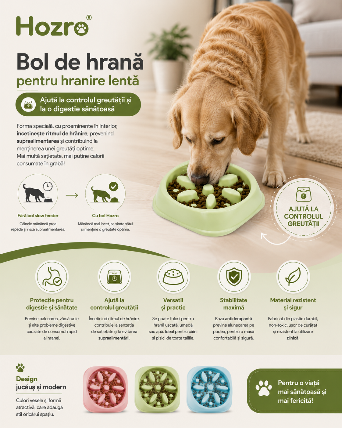 Bol de hranire lenta Hozro, pentru caini si pisici, antialunecare, plastic non-toxic, 20x20 cm, diverse culori BESTSELLS