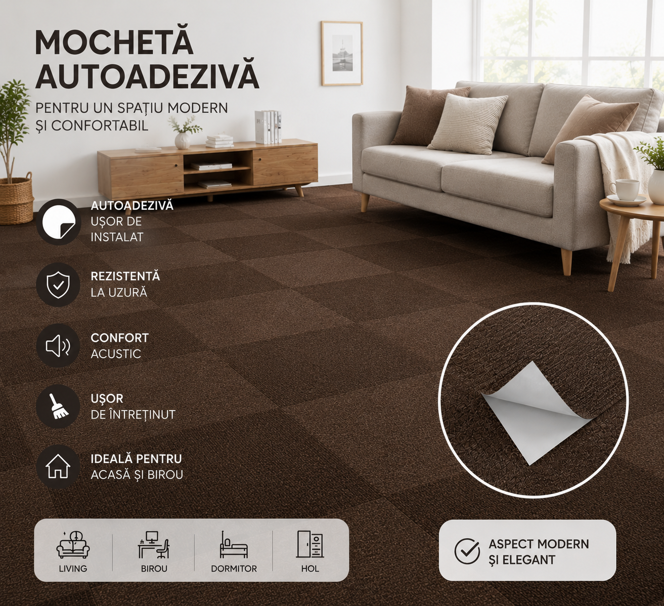 Mochetă autoadezivă HOZRO, 605-24, 60×60 cm, antiderapante, pentru subsol și pardoseli din beton, interior/exterior, uz comercial, culoare Maro HOZRO