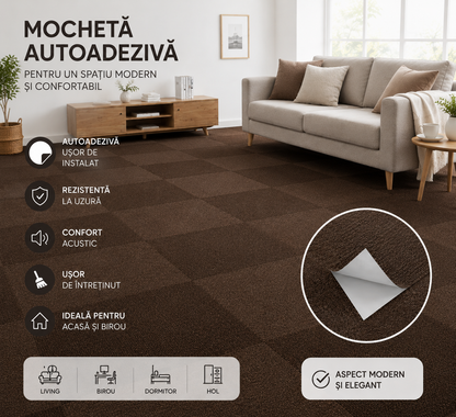Mochetă autoadezivă HOZRO, 605-24, 60×60 cm, antiderapante, pentru subsol și pardoseli din beton, interior/exterior, uz comercial, culoare Maro HOZRO