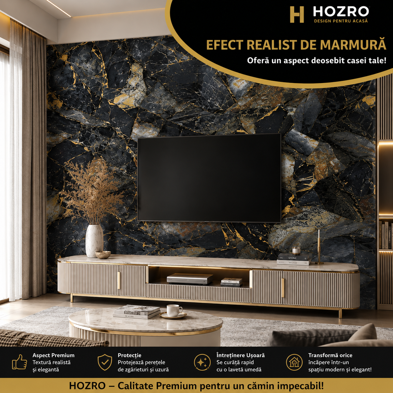 Tapet Autocolant Premium 3D HOZRO – Aspect de Marmură Neagra, 3 x 1.2 m (3.6 mp)- 605-3 HOZRO
