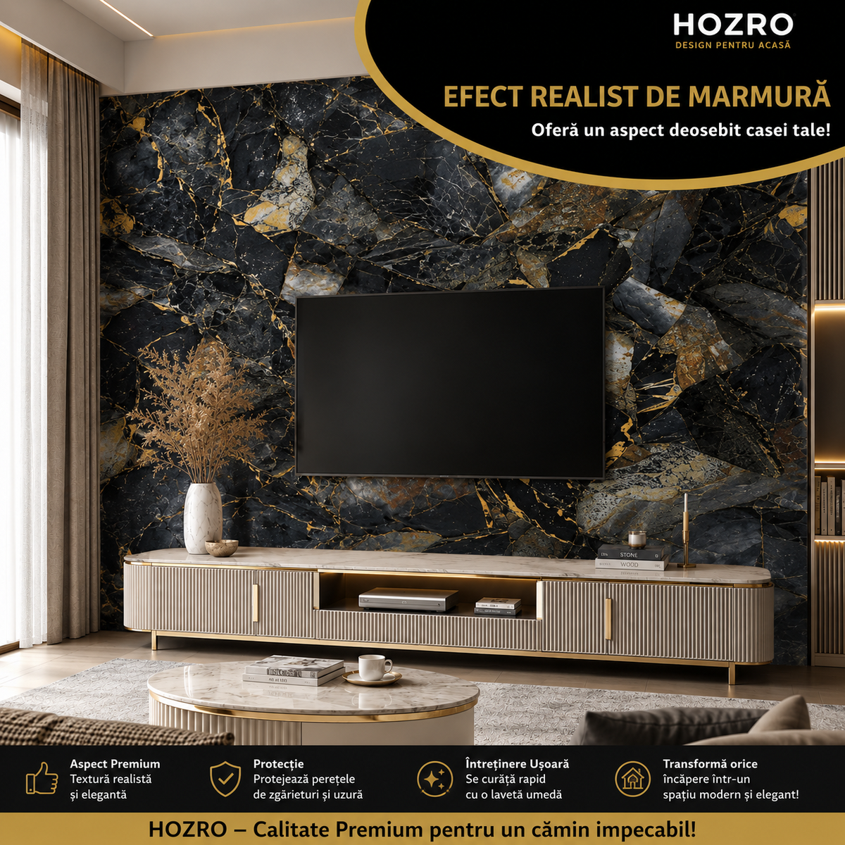 Rola Tapet Autocolant Premium 3D HOZRO – Aspect de Marmură Neagra, 3 x 1.2 m (3.6 mp)- 605-3 HOZRO